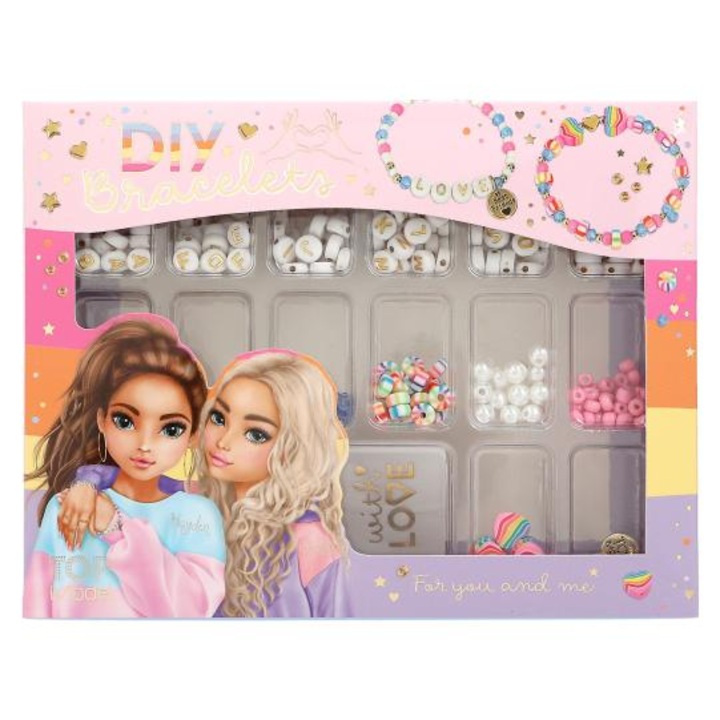 Set Margele pentru Bratari DIY, Top Model, margele cu litere albe și aurii, margele de sticla roz, 6 pandantive metalice aurii