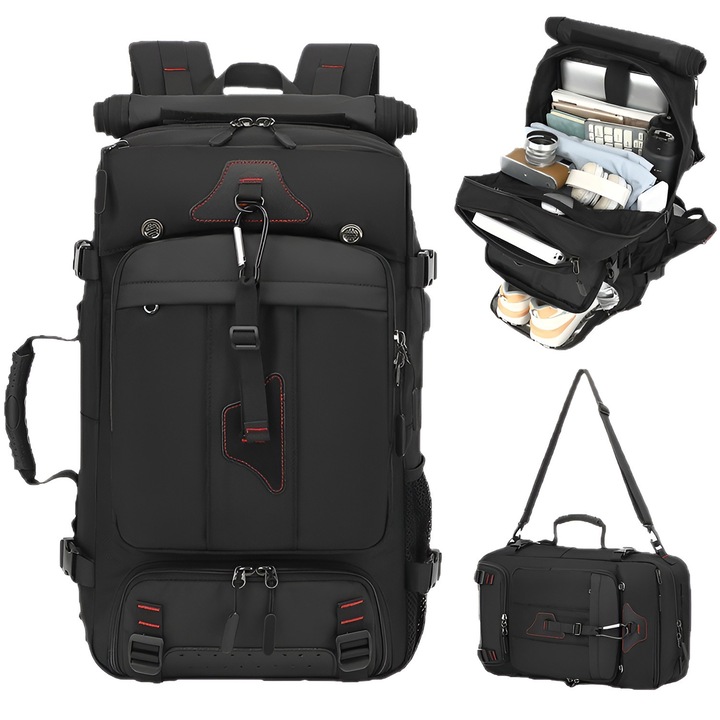 Rucsac de calatorie multifunctional, 60L, compartiment pentru pantofi, impermeabil, negru, 32x57cm