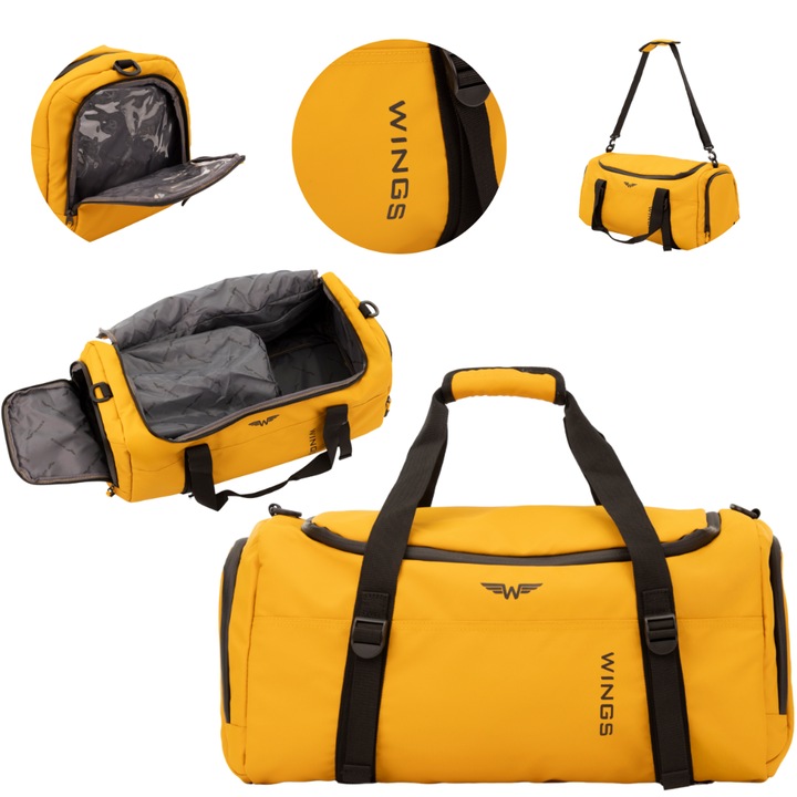 Geantă sport și travel Wings Rook, 36L, impermeabilă 900D TPU, compartiment pentru încălțăminte, negru, 56x25x26cm