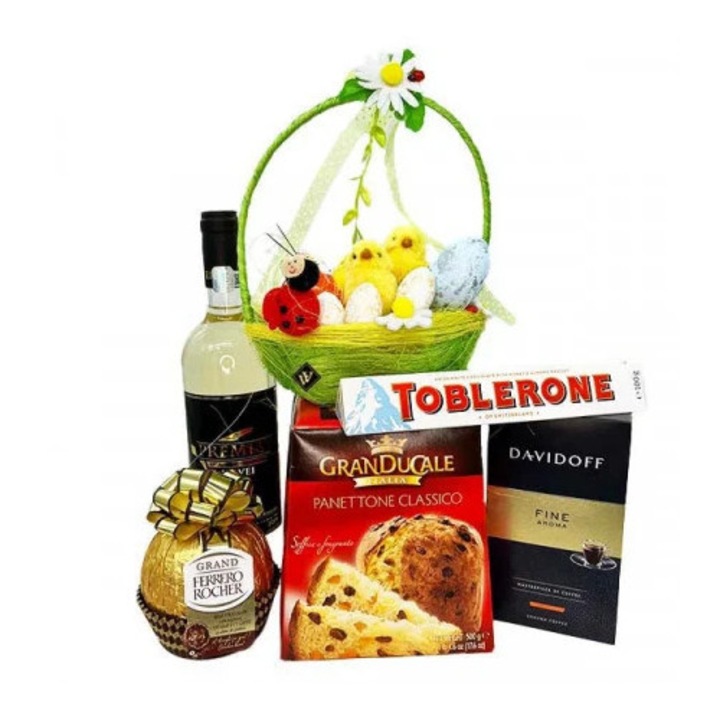 Pachet cadou Paste, Velve, cosulet cu Ferrero Rocher 125g, Jidvei 270ml, cafea Davidoff 250g, Toblerone 100g, panettone 500g, diametru 16cm, inaltime 26.5cm
