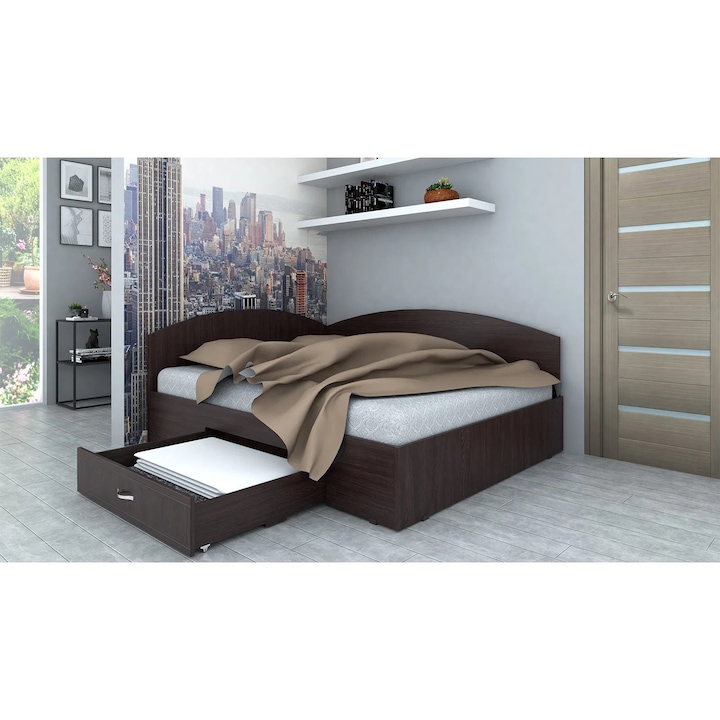 Pat de colt Expomob cu sertar pe role, dimensiune 160x200 cm, culoare wenge