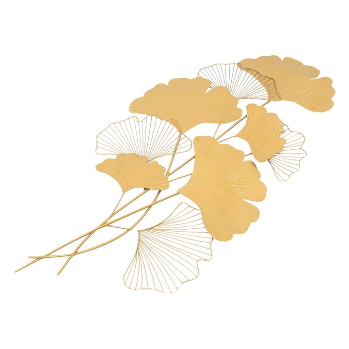 Decoratiune de perete, design 3D frunza, arta metalica moderna, aur, 55x110cm