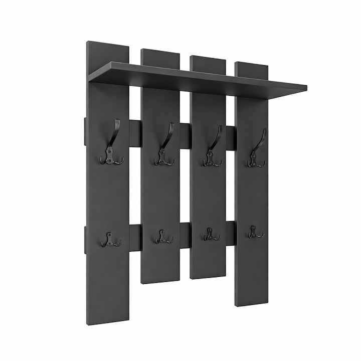 Cuier de perete cu etajera, 8 agatatori metalice, asamblat, Gri Antracit, 60x90cm