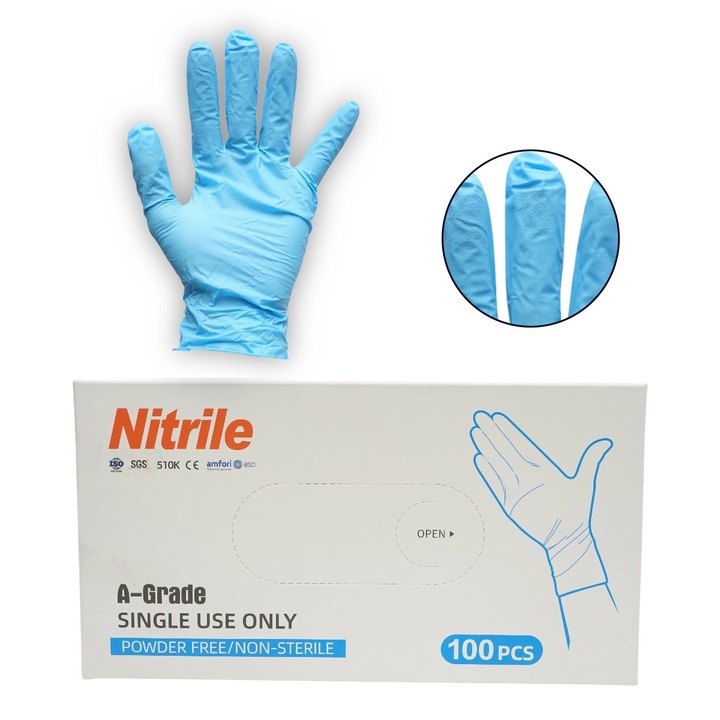 Manusi din nitril albastre nepudrate cu textura aderenta pe degete, marimea L 100 buc/cutie