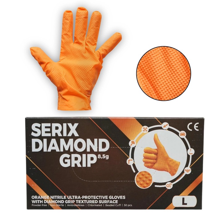 Manusi din nitril portocalii nepudrate cu textura diamond grip, marimea L 50 buc/cutie