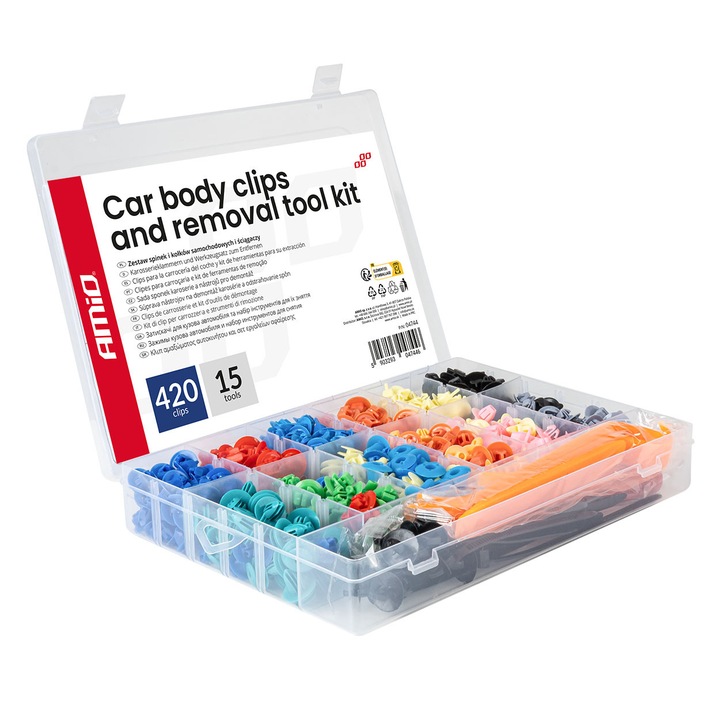 420 db rögzítőkapocs és rögzítő szett 15 szerszámmal, AMiO, autó karosszériához, műanyag és acél, műhelyi használatra