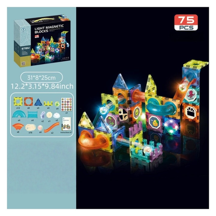 Blocuri de constructie Lime Fofen Track, 75 piese, potrivite pentru baieti si fete cu varste cuprinse intre 3 si 12 ani, reprezinta o alegere perfecta de cadou de ziua de nastere si se aprinde