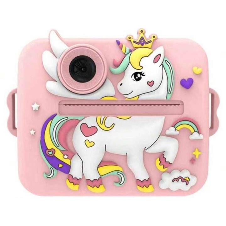 Aparat foto pentru copii, Digital, Unicorn, 48Mpx, roz, 2.4 inch, cu printare instant