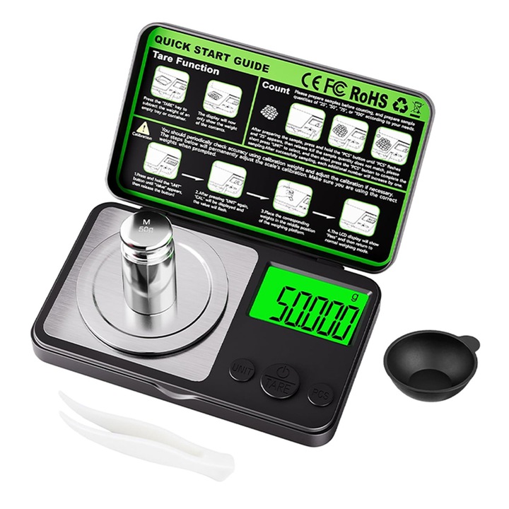 Cantar digital de precizie, Rqiurpn, Precizie 0.001 g, Capacitate 100 g, Cu Afisaj Digital, Functie TARE, LCD Iluminat, Compact si Usor de Folosit, Potrivit si pentru Condimente, Medicamente si Orice Necesita Precizie, Negru