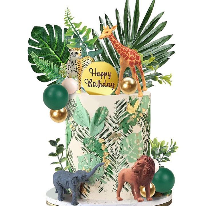 Комплект от 27 декорации за торта с животни от джунглата, Rqiurpn, Фигурки сафари, Лесни за употреба, За рожден ден, Парти с тема сафари животни, Аксесоар за торта, Многоцветен