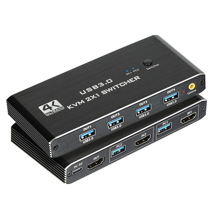 Switch KVM HDMI, Duueyct, USB3.0, 4K@60Hz, 4 porturi, 2 computere partajeaza un monitor, Tastatura si mouse, disc USB, imprimanta, camera USB, HDMI 2.0, Plug and play, Negru