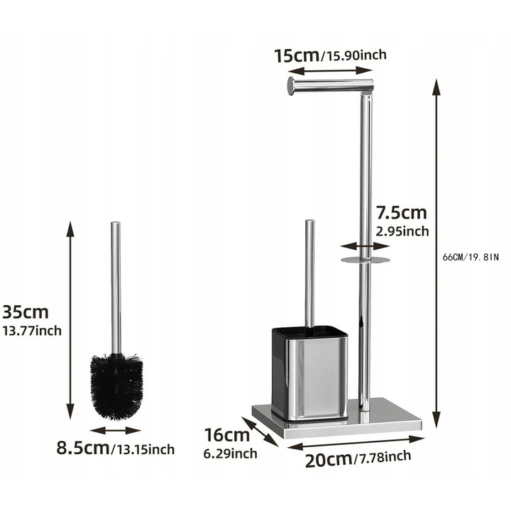 Suport pentru hârtie igienică cu perii de toaletă, inox, argintiu, 20x16x66cm, set
