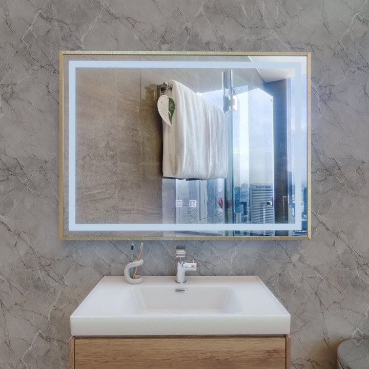 Oglinda LED Rayna 80x60cm Alessandro, Touch, Dezaburire, Rama Auriu Brushed