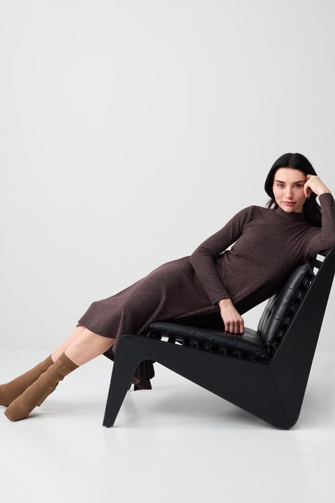 JIMMY KEY, Rochie evazata cu slit frontal, Maro inchis