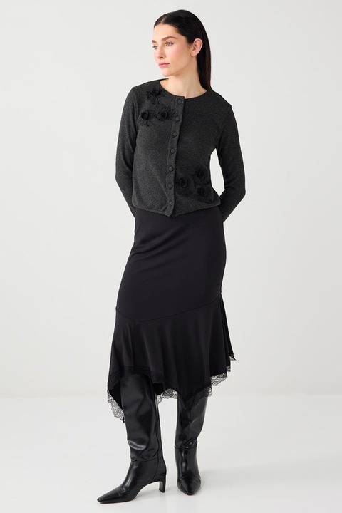 JIMMY KEY, Cardigan tricotat cu broderii florale, Gri antracit