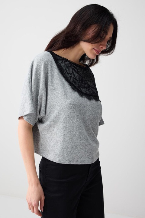 JIMMY KEY, Bluza cu insertie din dantela, Negru/Gri deschis melange