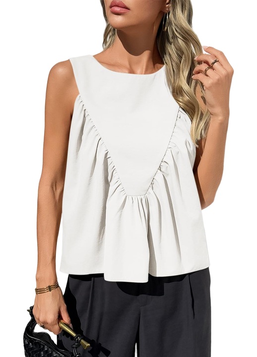 Tricou femei, Imily Bela, model babydoll peplum, fără mâneci（10181）, Alb