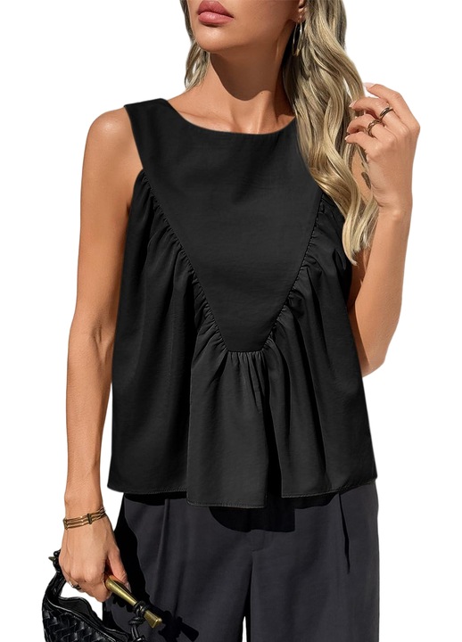 Tricou femei, Imily Bela, model babydoll peplum, fără mâneci（10181）, Negru
