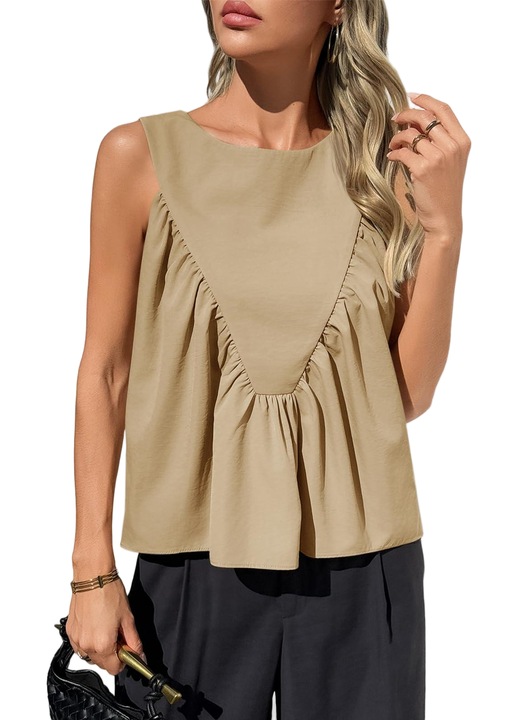 Tricou femei, Imily Bela, model babydoll peplum, fără mâneci（10181）, Kaki