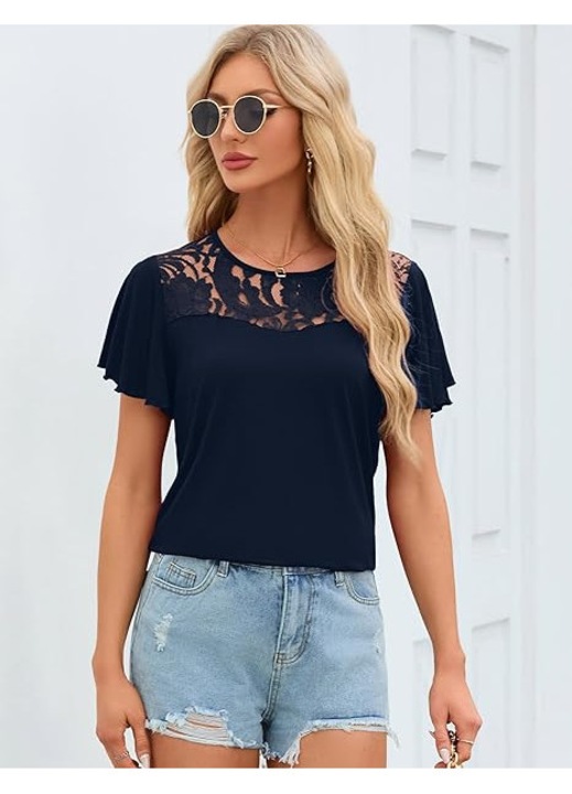 Tricou dama Florboom, marimea 2XL, Maneci scurte din dantela, Decolteu rotund elegant, Poliester si dantela, culoare Bleumarin