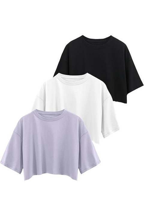 Set 3 tricouri scurte dama, alb-negru-lila, marime M