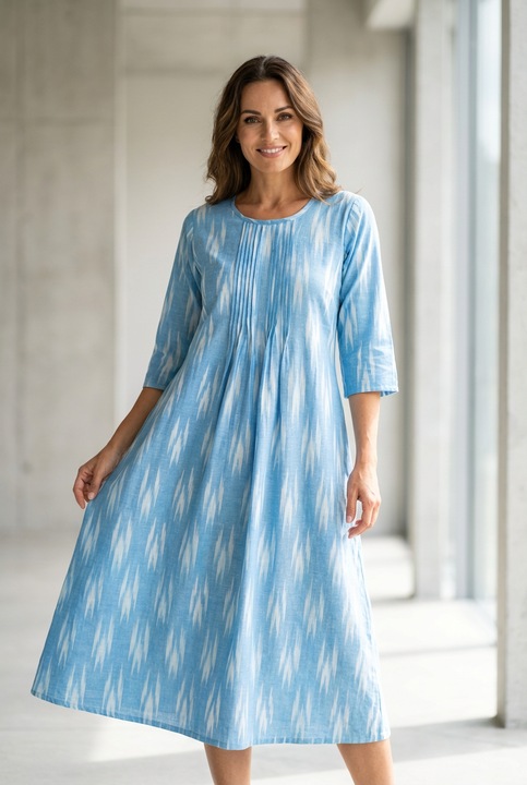 Rochie cu fronseuri, bumbac Ikat, marime L, culoare bleu