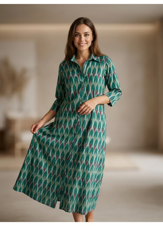 Памучна рокля тип риза Ikat, ментово зелена, размер XXL