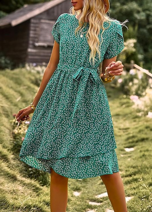 Rochie casual peste genunchi, vaporoasa, de zi cu zi, maneci scurte, decolteu rotund, verde M