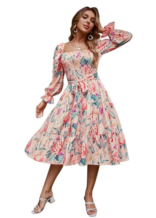 Rochie lungă elegantă crem, Rockabilly, maneci lungi, floral, M