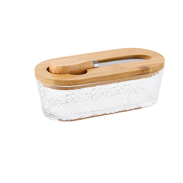 Borcan de unt, sticla, 300ml, etans, cu capac si racleta, pentru uz casnic, depozitare branzeturi, lemn