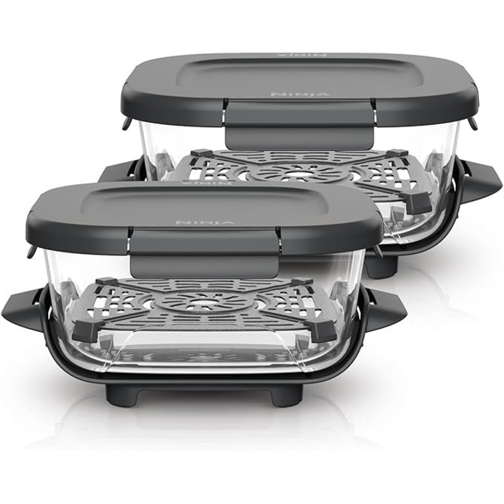 Set recipiente din sticlă Ninja CRISPi TempWare, 2 boluri 1.4 L, capace snap-lock, rezistente la căldură, fără BPA