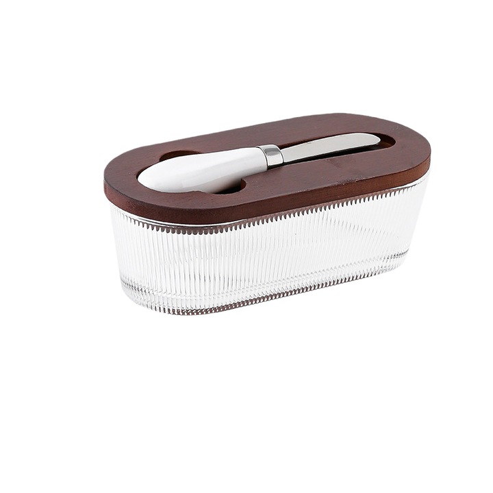 Borcan de unt, sticla, 300ml, etans, cu capac si racleta, pentru uz casnic, depozitare branzeturi, finisaj cu dungi, maro