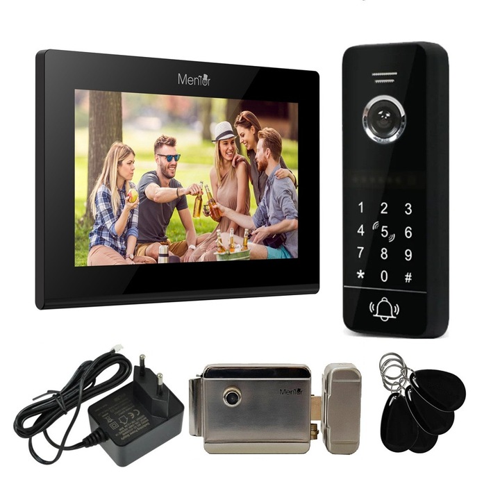 Kit VideoInterfon Smart 5in1 Mentor SYKT104B, Monitor Negru Touch 7" FHD, WiFi, Audio Bidirectional, IP65