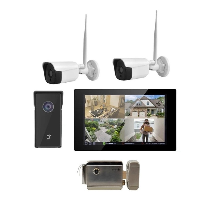 Kit Acces control cu Camere si VideoInterfon Mentor SYKT066 1 familie WiFi Human detection, Comunicare Bidirectionala, TouchScreen 10.1 inch, HD, 3MP, IP65, Senzor Miscare, InfraRed, 3in1 Acces App Buton Chei Monitor 2xCamere Video Interfon Monitor Yala