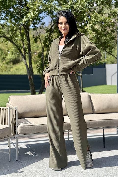 Ramona Badescu Exclusive, Set de bluza de trening cu fermoar si pantaloni Sibel - 2 piese, Kaki, M