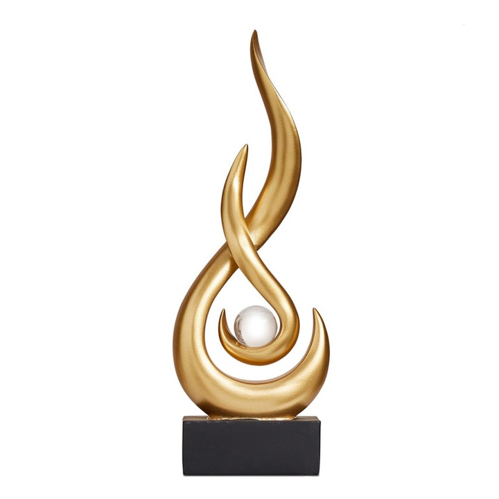 Decoratiune sculptura abstracta aurie: statuie de flacara si sculptura din rasina cu bila de sticla, piesa centrala unica pentru masa, decor modern pentru casa, suport TV in living, masa de cafea, decor pentru birou