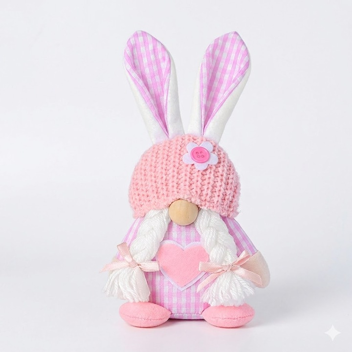 Gnom de Paste cu Urechi de Iepuras, Decoratiune Roz cu Inimioara si Codite, Figurina din Plus Moale, Cadou Adorabil pentru Copii si Casa, 23 cm