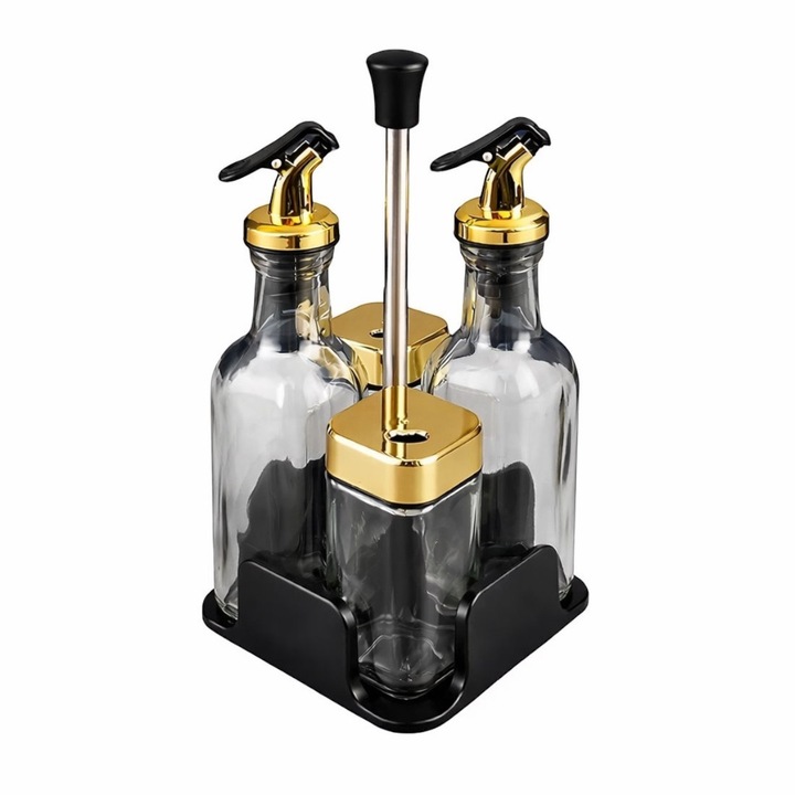 Oliviera LGCHome® 4 piese cu suport – ulei, otet, sare si piper, sticla transparenta cu accesorii aurii, stil restaurant