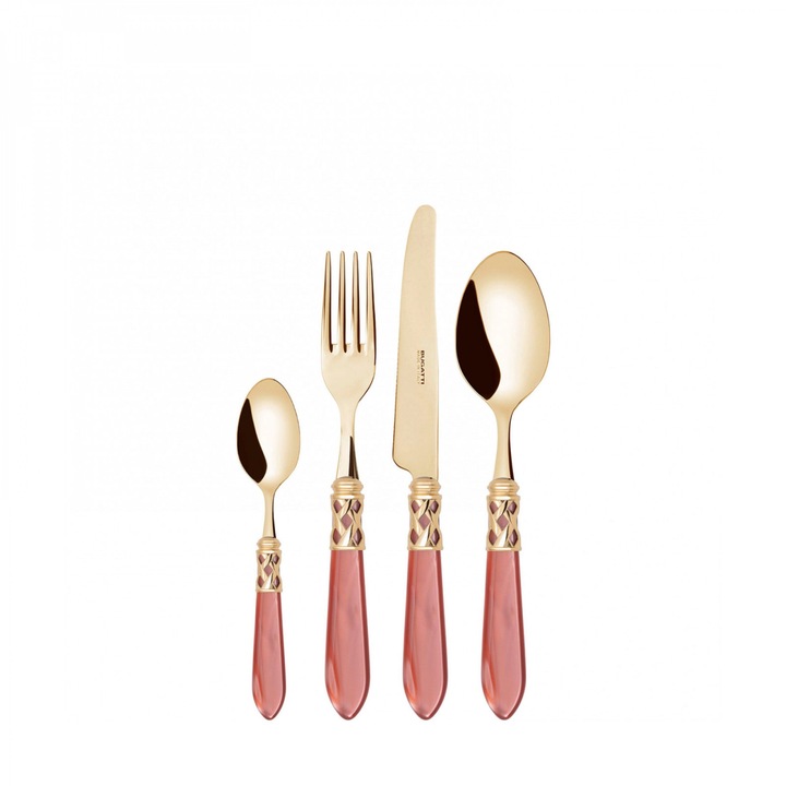 Set 16 tacamuri Casa Bugatti, Aladdin Gold, pentru 4 persoane, design modern, elegant, materiale premium, otel inoxidabil, cutie cadou, lavabil in masina de spalat vase, caramiziu