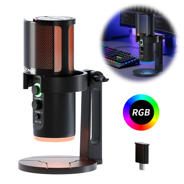 Excitat® Microfon RGB cu Reducere Zgomot pentru Gaming pe PC USB - Microfon Condensator Wireless si Fir, pentru Telefon, Streaming Gaming, Transmisie Duala, Reducere Zgomot Profesionala, Compatibil PC si Telefon, Gaming & Live