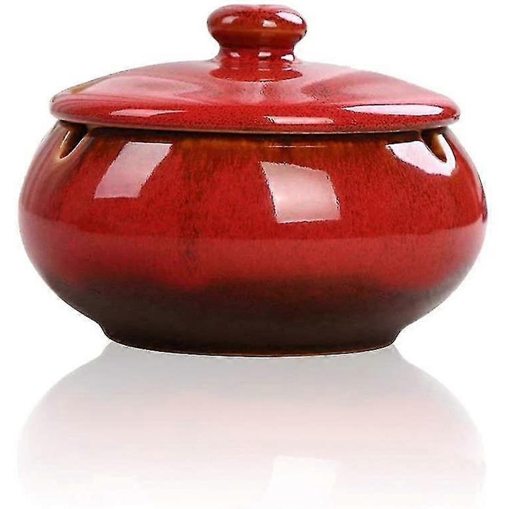 Scrumiera ceramica cu capac, design elegant, rosie, 14.5x14.5x9.5cm