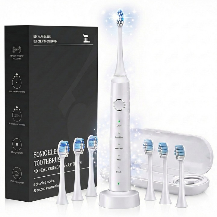 Електрическа звукова четка за зъби iBLU smart, Maglev мотор 38.400 VPM, 5 режима на почистване, интелигентен таймер, пълен комплект с 6 резервни глави и калъф за пътуване, 30 дни живот на батерията, безжично зареждане, водоустойчивост IPX7, бяла