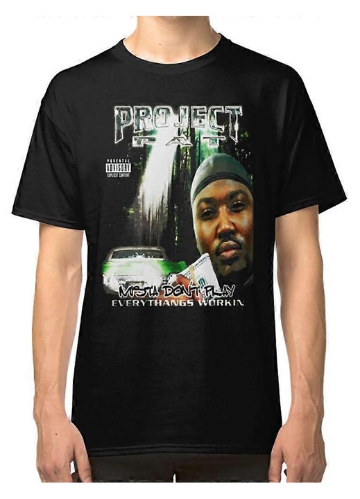 Férfi póló, Project Pat Si Mafia, klasszikus szabású, 100% pamut, fekete