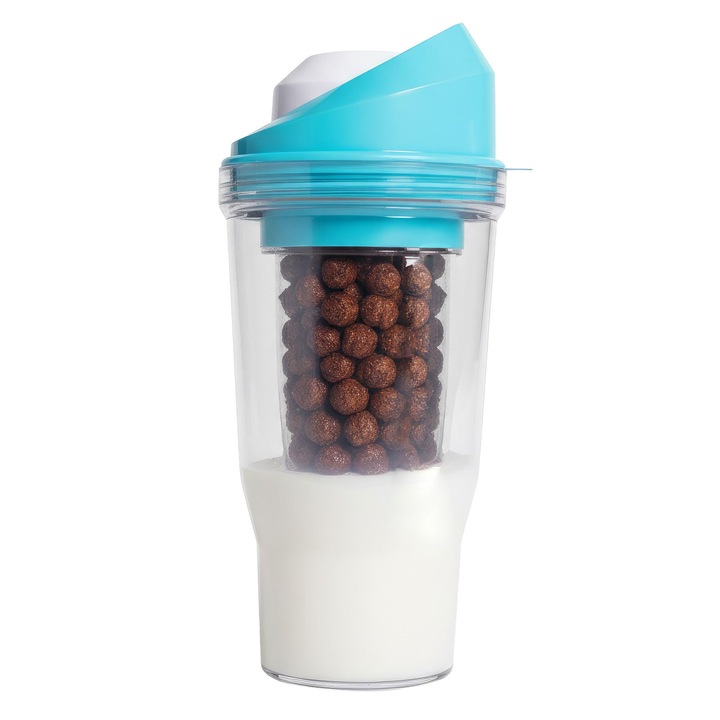 Morning Ote XL albastru – cana portabila din plastic pentru cereale, ideala pentru micul dejun in deplasare, permite consumul de cereale cu lapte fara a fi nevoie de lingura sau bol