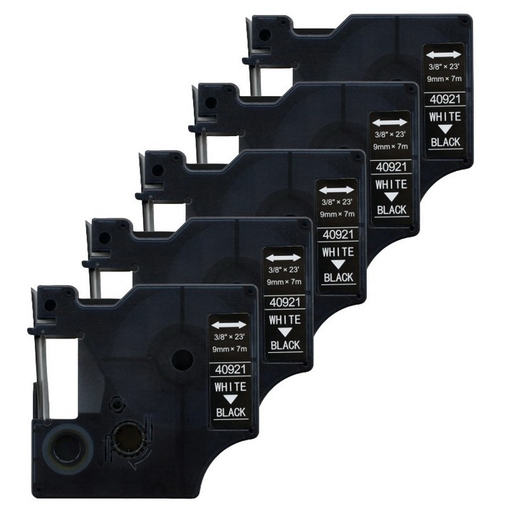 Pachet 5 bucati banda etichete compatibile Dymo 40921, 9 mm, alb pe negru