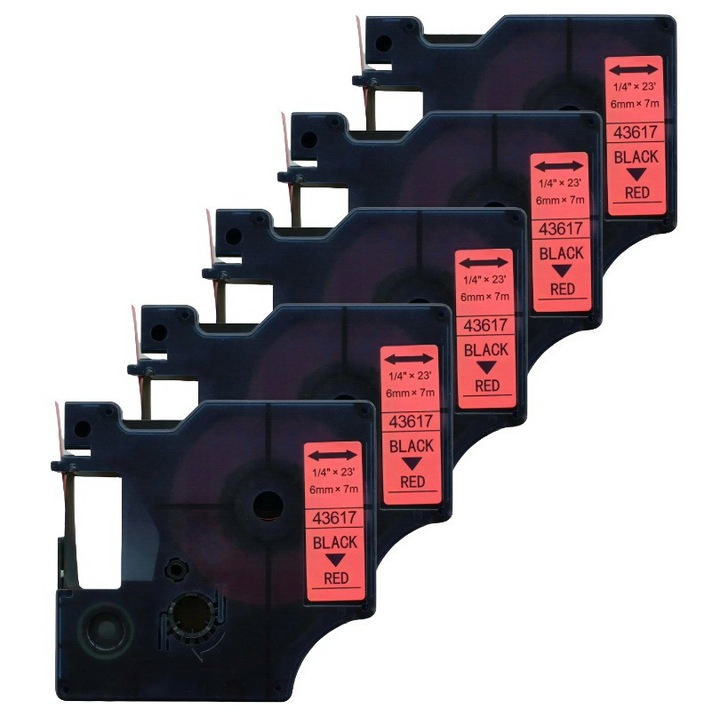 Pachet 5 bucati banda etichete compatibile Dymo 43617, 6 mm, negru pe rosu