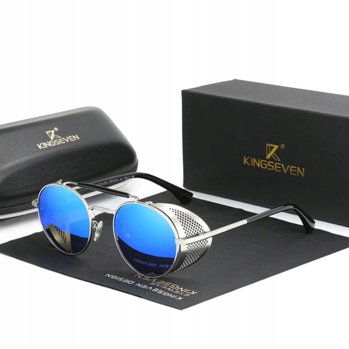 Ochelari de soare bărbați, Kingseven, model rotund, ramă din oțel inoxidabil, protecție UV400, argintiu/albastru