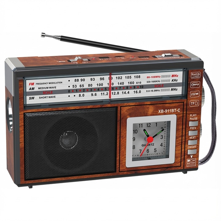 Elworld XB-911BT-C преносимо радио с фенерче и функция часовник, AM/FM/SW 3-лентово радио, USB/TF MP3 плейър, безжична връзка, антена с висока чувствителност, вградена презареждаща се батерия, кафяво