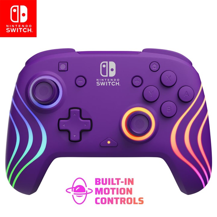 Gamepad PDP Afterglow Wave Wireless, 8 zone iluminare LED RGB, violet, Nintendo Switch