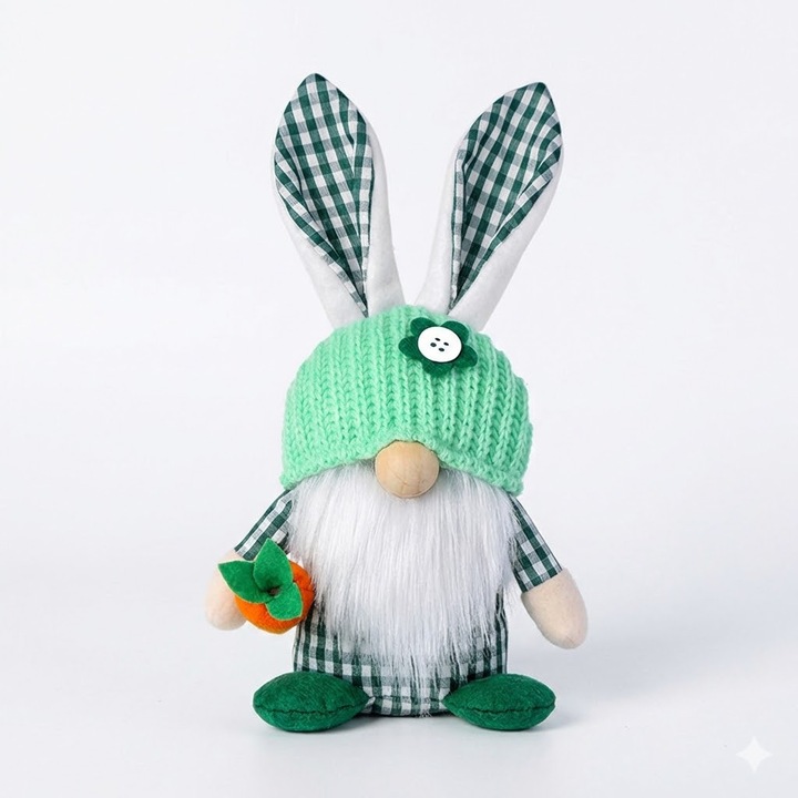 Iepuras Gnom de Paste cu Urechi in Carouri si Morcov - Decoratiune Artizanala pentru Masa si Casa, Verde, 23 cm